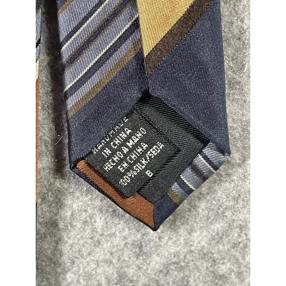 Geoffrey Beene Mens Silk Necktie Navy Blue Copper Brown Gold Striped Formal Tie